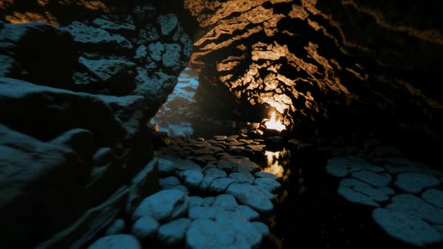 Exploring subterranean passage exiting into bright world AI video preview