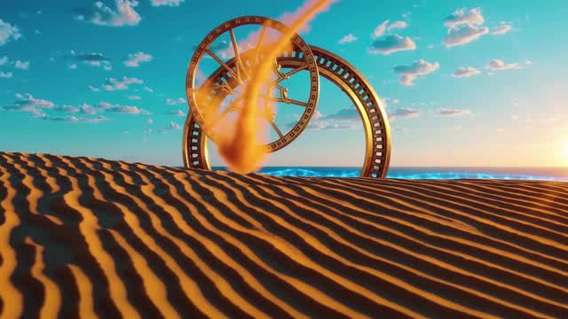Grand metallic structure emerging from sandy dune desert landscape AI video preview