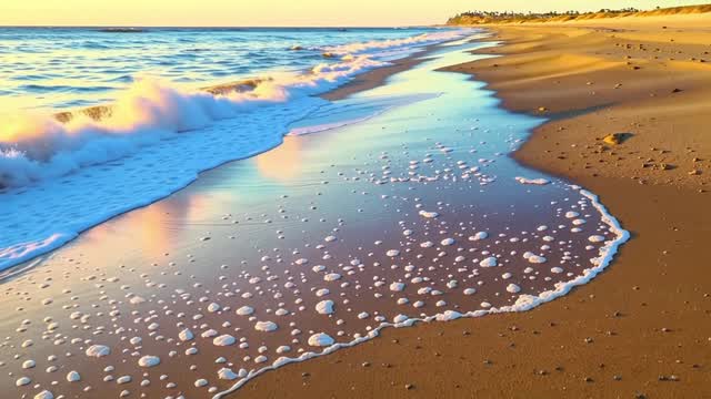 Ocean waves rolling onto the sandy beach during sunset AI video preview