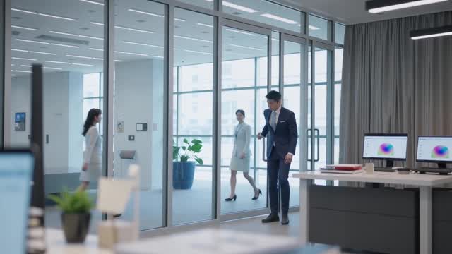 Business professionals walking through a modern open office space AI video preview