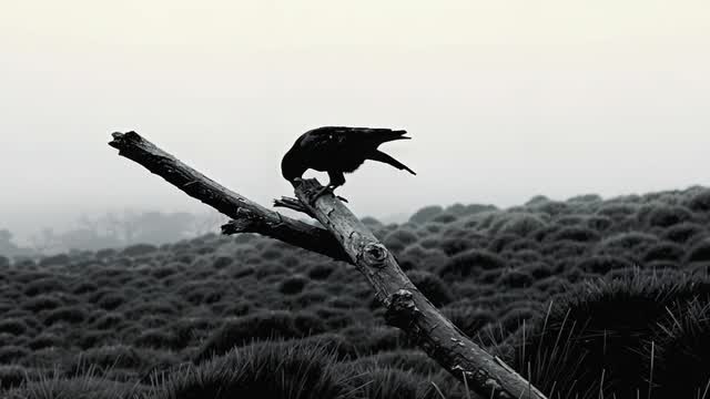 Black bird perching on a branch in misty wild landscape AI video preview