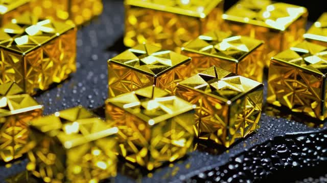 Stacked brilliant gold cubic geometry on black background