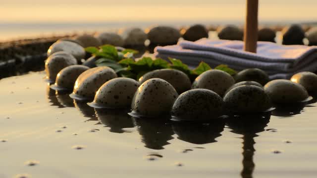 Peaceful coastal landscape with eggs and foliage at sunrise