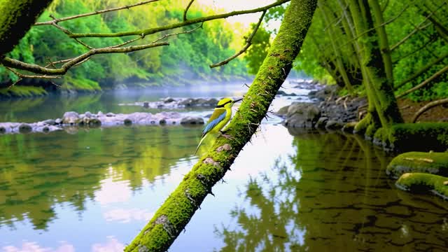Tropical bird perched on moss branch over peaceful river AI video preview
