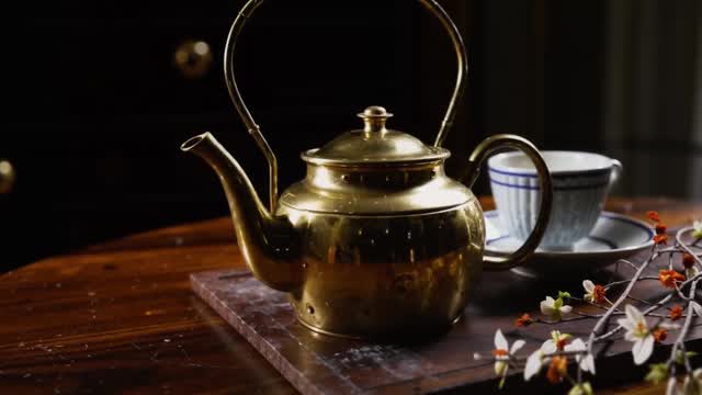 Golden teapot and teacup with flowers on wooden surface AI video preview