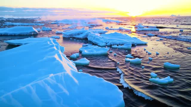 Sea ice floating chunks at sunrise on dark winter water AI video preview