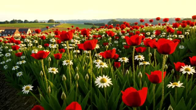 Vibrant field of red and white spring flowers nature vista AI video preview