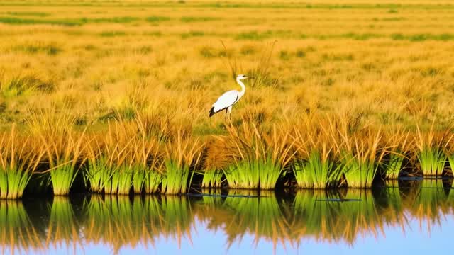 White egret standing in golden marsh reeds by still water AI video preview