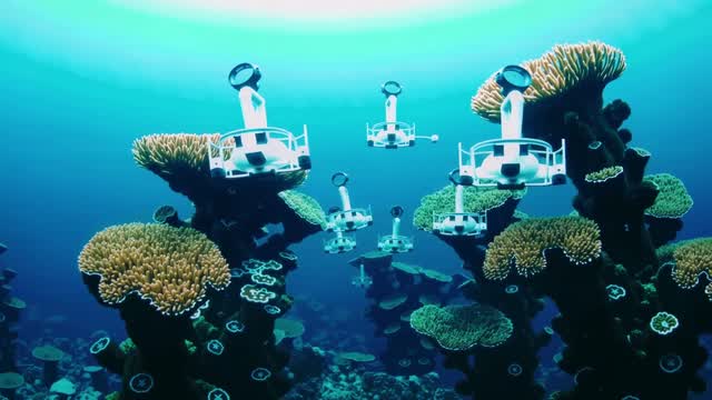 Autonomous vehicles exploring vibrant coral reef ecosystem underwater AI video preview