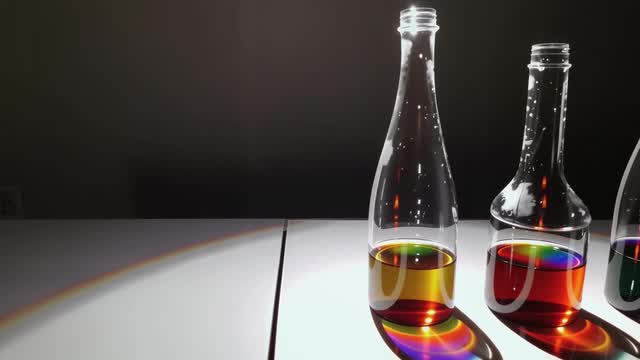 Vibrant colorful liquid samples displaying spectral light dispersion