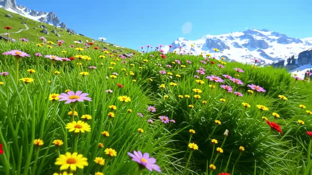 Vibrant alpine meadow with colorful wildflowers and snowcapped peaks AI video preview