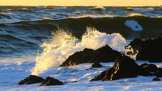 Dynamic powerful ocean waves crashing against a rocky coast AI video preview