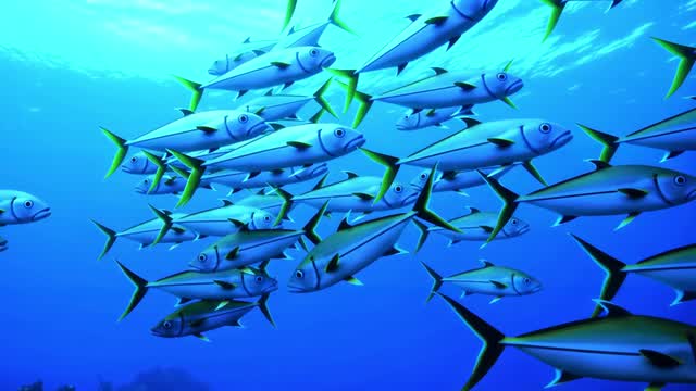 School of fish swimming in clear blue ocean water AI video preview