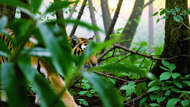 Majestic tiger exploring lush tropical jungle habitat