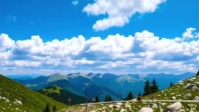 Scenic mountain road through lush green valleys AI video preview