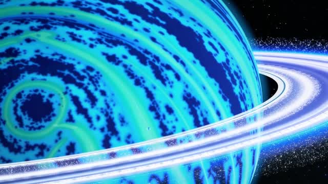 Giant gas planet with rings orbiting through deep space AI video preview