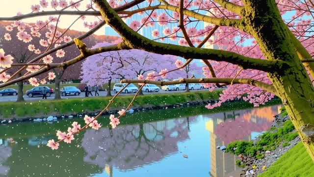 Pink cherry blossoms blooming by the calm river bank