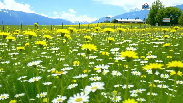 Vibrant wildflower meadow with snowy mountains backdrop AI video preview