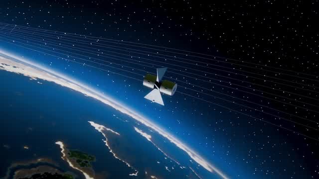 Satellite in orbit broadcasting global communication signals AI video preview