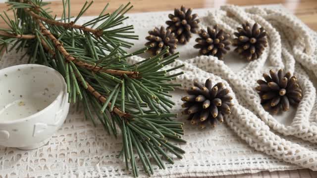 Cozy rustic winter holiday natural evergreen setup AI video preview