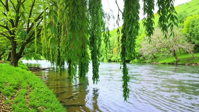 Weeping willows hang over calm river banks in spring forest
