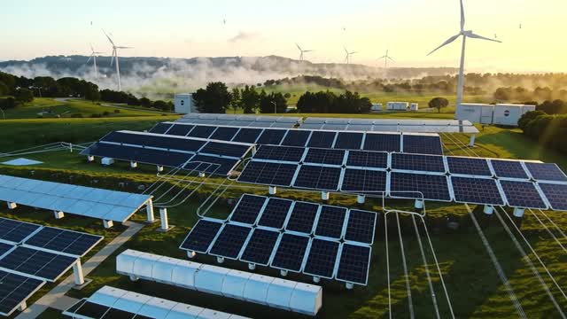 Renewable energy source solar and wind power arrays AI video preview