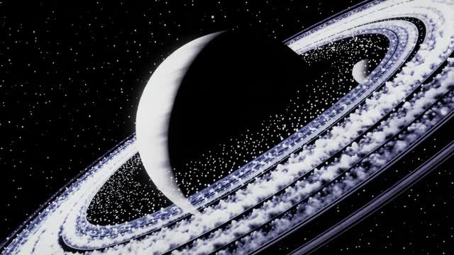 Planetary rings and orbiting moon in deep space AI video preview