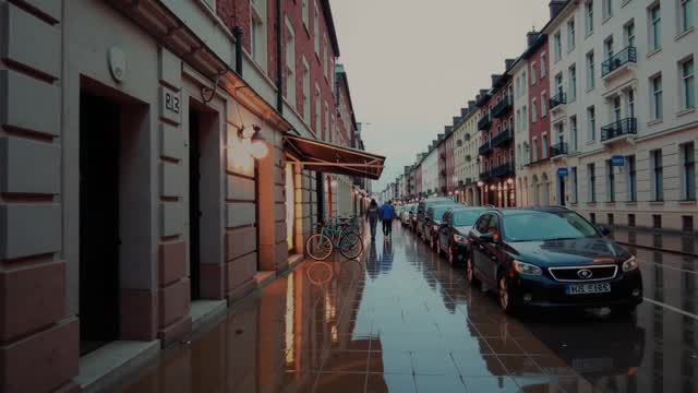 Wet urban street in historic european city center AI video preview