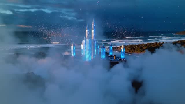 Illuminated modern towers by the sea through morning mist AI video preview
