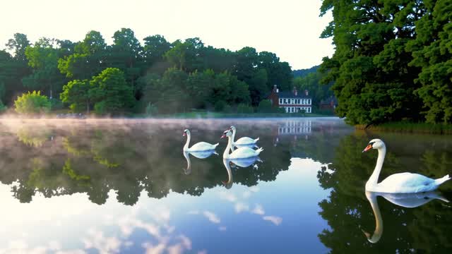White swans on misty lake water at sunrise AI video preview