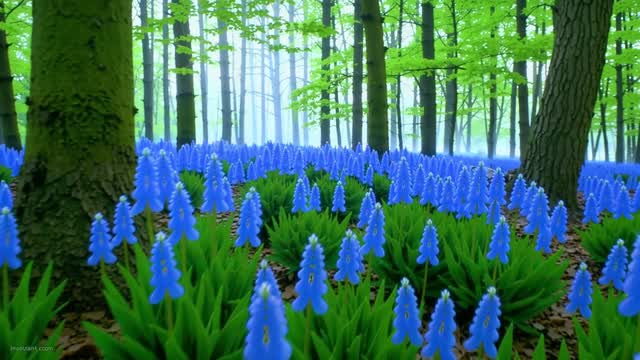 Springtime blue flowers in a misty woodland forest AI video preview