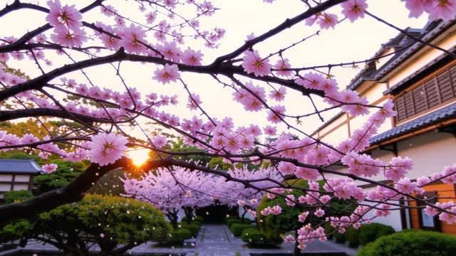 Cherry blossom tunnel Japanese garden path during spring season AI video preview